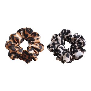 Retro leopard print scrunchies set in brown and beige silk satin for high ponytail hair