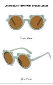 Front and side view of mint green bear-shaped children's sunglasses with brown lenses