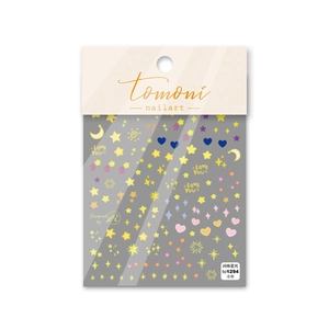 Detail of 5D embossed nail stickers with stars, moon, and heart patterns in clear bag