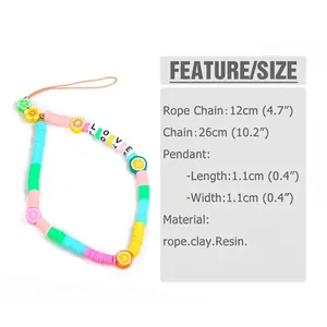 Colorful clay bead phone strap featuring fruit motifs and LOVE letter beads length 26cm