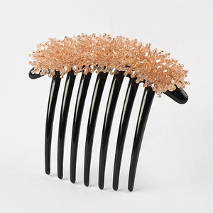 Elegant 7-tooth hair comb with amber crystal beads for bun hairstyles on white background