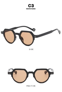 Detailansicht der runden Vintage-Sonnenbrille mit schwarzem Rahmen und teefarbenen Gläsern