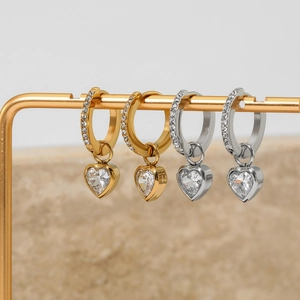 Stainless Steel Heart Pendant Hoop Earrings With Sparkly Zircon Stones Elegant Minimalist Jewelry For Women