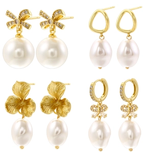 Elegant Brass Artificial Pearl Earrings Bow Petal Geometric Design Zircon Inlaid Vintage Jewelry Accessories For Women
