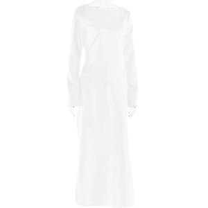 Detailed view of white satin long sleeve dress showing backless slit design for women