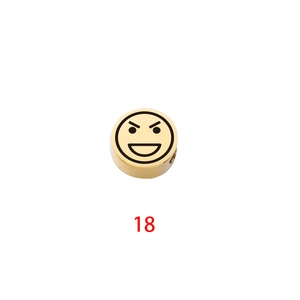 Detailed macro view of a round stainless steel charm with laser-engraved funny emoji face
