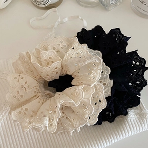 French retro lace hollow scrunchies in cream and black crochet fabric