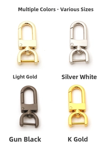 Rotating metal hook clasps for bags in pale gold, silver, gun metal, and k-gold finishes