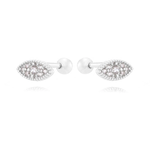 Macro shot of silver stud earrings featuring marquise-cut white zircons and ball back closure