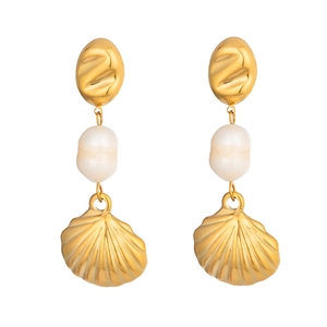 Luxurious 18K gold-plated stainless steel shell earrings with natural freshwater pearls