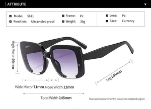 Detaillierte Größentabelle für randlose Sonnenbrillen mit Maßen und UV-Schutz-Parametern