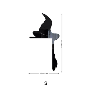 Detailed technical drawing of black acrylic witch hat wall sticker with 10x5.2cm dimensions