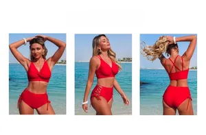 Detailed three-way view of a red two-piece bikini with twist front and high-waisted cutout bottoms