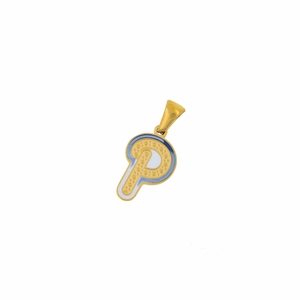 Detailed view of the letter P pendant in golden metal with blue and white enamel inlay