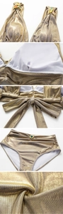 Detail of champagne gold bikini with colorful rhinestones and shiny metallic texture