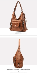 Detail of vintage brown leather backpack showing multiple zippers and multi-way straps