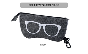 Gray felt eyeglass storage pouch with zipper, hook, and white glasses frame silhouette