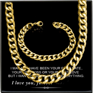 Men's gold Cuban link chain and bracelet jewelry set in a romantic gift box