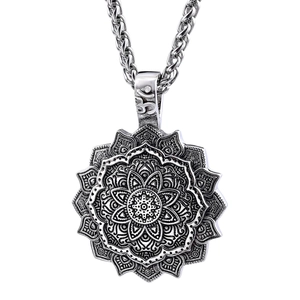 Vintage stainless steel mandala pendant necklace with intricate viking totem engraving