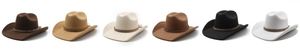 Collection of wide brim cowboy hats in six colors with beaded bands and tassels