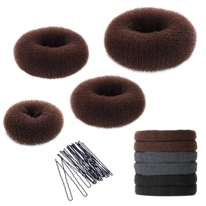 Brown hair styling set with sponge bun makers, U-shaped pins and elastic ties