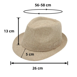 Detailed size specifications for khaki straw trilby hat with 56-58cm head circumference