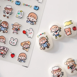 5D embossed Japanese cartoon nail stickers with cute girl and animal motifs for DIY manicure