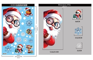 Detailed dimension guide for Christmas stickers including Santa and penguin window decals