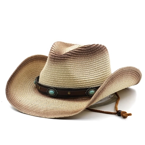 Cappello da cowboy in paglia con sfumatura e cinturino in pelle con perle turchesi