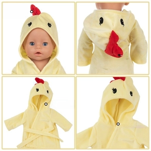 Detailed views of yellow flannel chicken bathrobe for 18 inch American Girl dolls