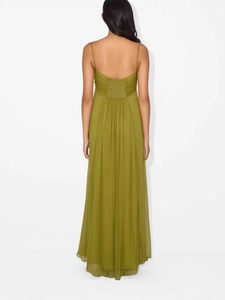 Olive green maxi dress with U-shape back and pleated detail on light chiffon fabric