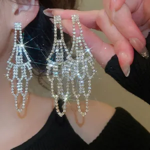 Long Tassel Chandelier Drop Earrings Copper Rhinestone With Silver Earring Post Luxury For Women Evening Party Geometric