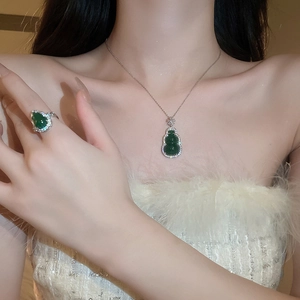 Vintage Chinese style silver necklace and ring set with green resin gourd zircon pendants