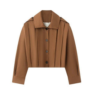 Minimalist brown short jacket with lapel collar and epaulettes on white background