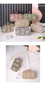 Detail of evening clutch featuring crystal floral patterns and elegant metal frame