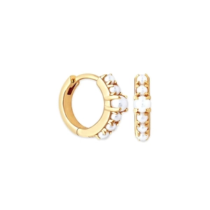 Macro shot of gold-plated hoop earrings with white pearls and latch back closure
