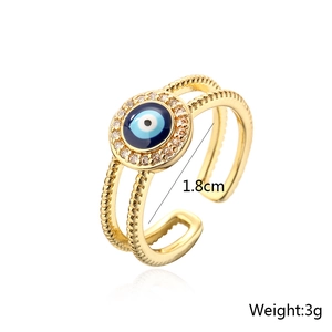 Detail of adjustable evil eye ring with blue enamel, 1.8cm diameter and 3g weight info