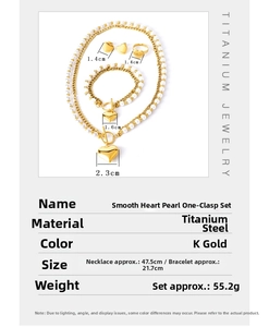 Detailed view of polished gold titanium steel heart jewelry set with pearl dimensions
