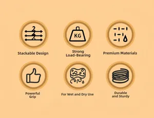 Detailed feature icons showing space-saving stackable design and strong load-bearing hangers