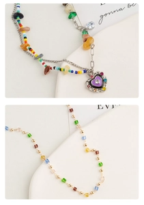 Detail of colorful beads and purple heart pendant on a stylish summer choker necklace