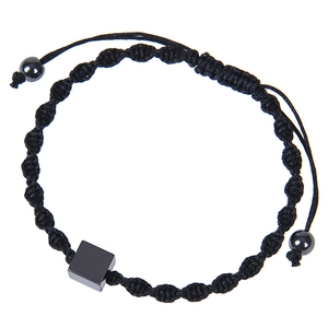 Detail of adjustable black woven rope bracelet featuring a square black stone pendant