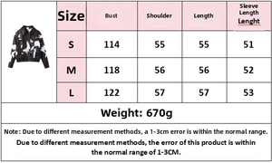 Detailed size chart for women's animal print jacket with bust and length measurements