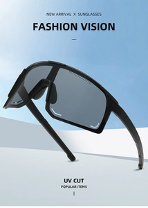 Dynamic floating view of black oversized sports sunglasses with grey UV cut lenses
