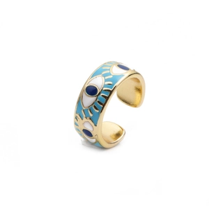 Bague ajustable œil protecteur en cuivre doré avec émail bleu et blanc de luxe