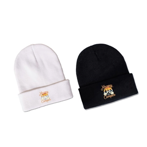Unisex black and white Happy Camper knit beanies with retro outdoor embroidery