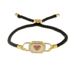 Adjustable black cord bracelet with gold heart padlock charm and pink cubic zirconia