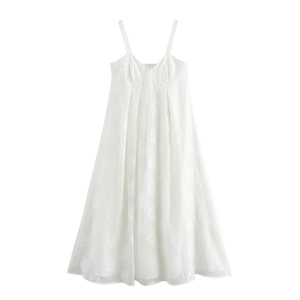 Weißes Jacquard Spaghettiträger Maxi Kleid Polyester Elegantes Französisches Urlaubsstil Fließendes Langes Kleid Für Damen