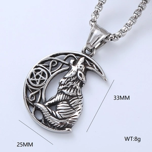 Macro shot of Viking wolf moon pendant with dimension markings 33mm by 25mm and 8g weight