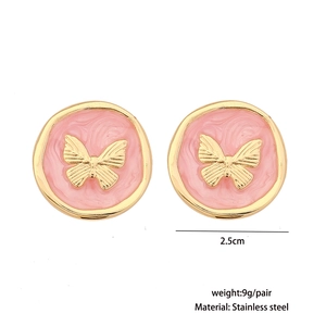 Détail de boucles d'oreilles rondes papillon 2,5cm en acier inoxydable et doré rose