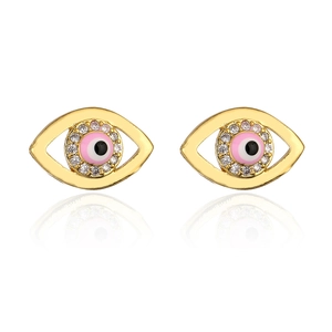 Detailed view of evil eye stud earrings with pink enamel and sparkling cubic zirconia
